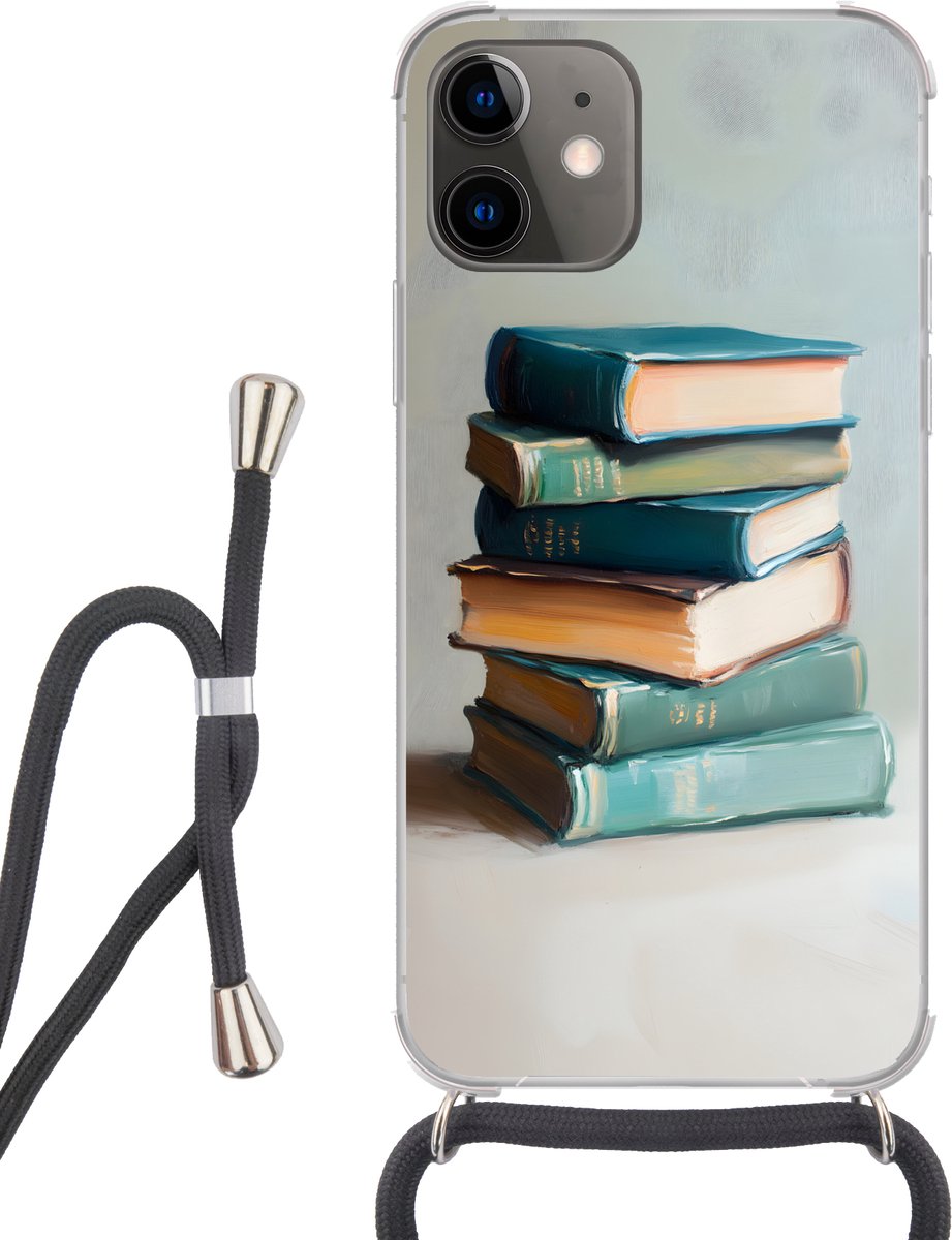 Telefoonhoesje Geschikt voor iPhone 11 - Stapel - Boeken - Groen - Daglicht - Siliconen - Crossbody - Backcover met Koord - Telefoonhoesje met koord - Hoesje met touw Telefoonhoesje