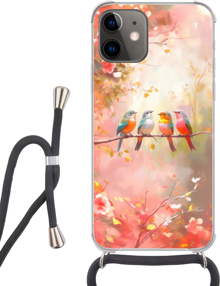 Telefoonhoesje Geschikt voor iPhone 12 Mini - Vogels - Kleurrijk - Tak - Siliconen - Crossbody - Backcover met Koord - Telefoonhoesje met koord - Hoesje met touw Telefoonhoesje
