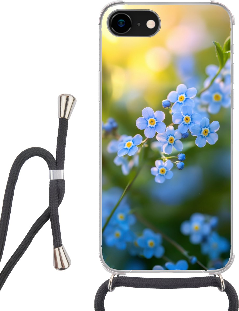 Telefoonhoesje Geschikt voor iPhone 8 - Bloemetjes - Blauw - Vergeet mij nietjes - Siliconen - Crossbody - Backcover met Koord - Telefoonhoesje met koord - Hoesje met touw Telefoonhoesje