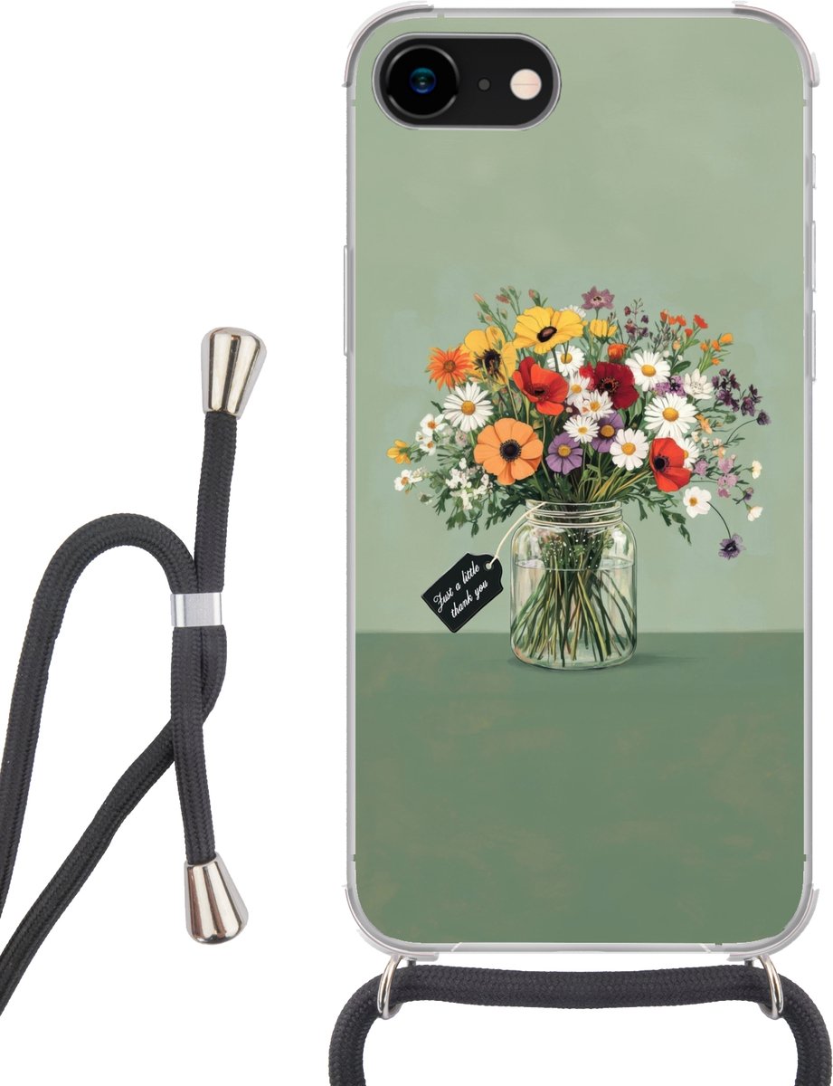 Telefoonhoesje Geschikt voor iPhone SE 2020 - Bloemen - Vaas - Kaartje - Siliconen - Crossbody - Backcover met Koord - Telefoonhoesje met koord - Hoesje met touw Telefoonhoesje