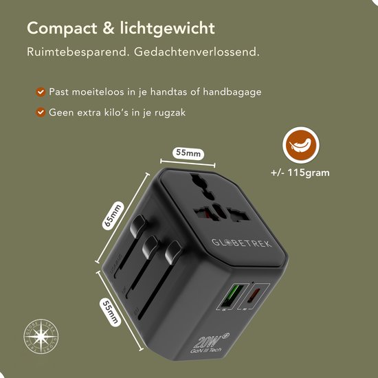 GlobeTrek® Reisstekker - Wereldstekkers - Fast Charging - Universele Wereldstekker - USB-C USB-A snel laadpoorten - 170+ landen: Engeland (UK), Amerika (USA), Australië, Japan, Zuid Amerika, Azië, Thailand, Afrika, Europa - Snellader - Reisadapter