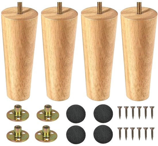 Set van 4 houten tafelpoten, verstelbaar, messing hulzen, rechte kegel Set van 4 houten tafelpoten, verstelbaar, messing hulzen, rechte kegel