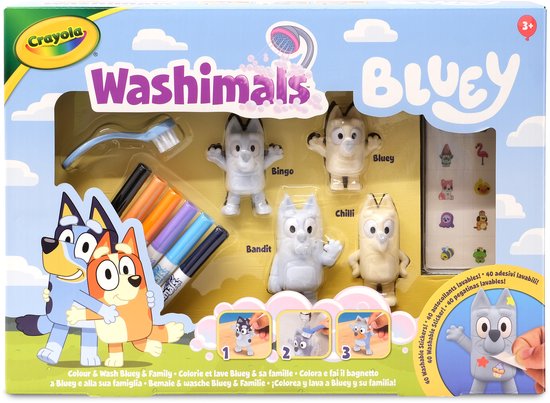 Crayola Washimals - Bluey - Knutselset met stickers en 4 puppys, 6 uitwasbare stiften, stickers en borstel - Speelgoed en cadeau voor kinderen vanaf 3 jaar
