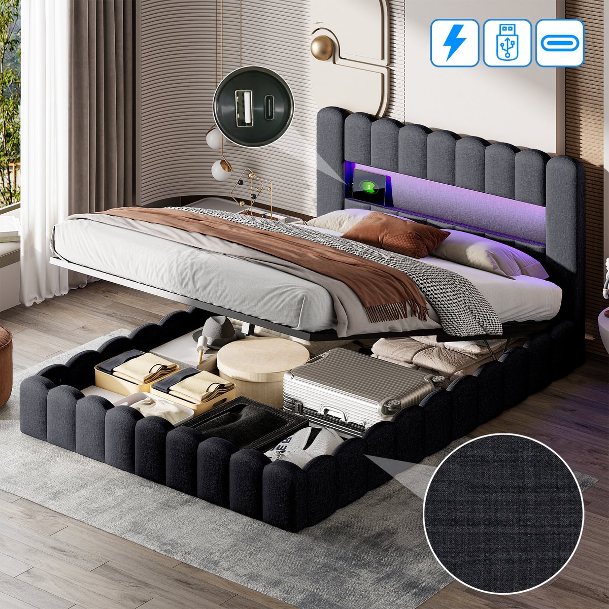 Gestoffeerd bed 140x200 cm, tweepersoonsbed met LED-hoofdbord en USB-oplaadfunctie, boxspring bedframe met opbergruimte en lattenbodem, opbergbed jeugdbed, linnen, grijs, Zonder matras
