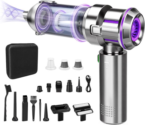 Handstofzuiger- Kruimeldief snoerloos -3-in-1 Handstofzuiger accu- 21000PA handstofzuiger draadloos-Autostofzuiger- sterk- 3 snelheden- 100.000 tpm - elektrische stofblazer - 16 bijlagen-Kan stofzuigen, blazen en stof verwijderen