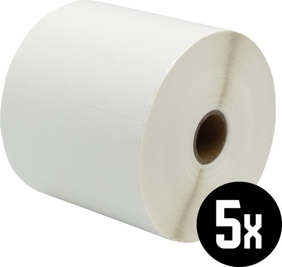 Een rol met witte etiketten, 100x60mm, met een zwarte cirkel met '5x'.