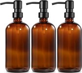 Zeepdispenser - 3 Stuks - 500 ML - Zeeppompje - Zeeppomp - Leeg Met Pomp - Herbruikbaar - Zeepdispensers - Lege Pompflessen - Vaste Zeepdispenserset voor Keuken, Badkamer en Douche - Bruin