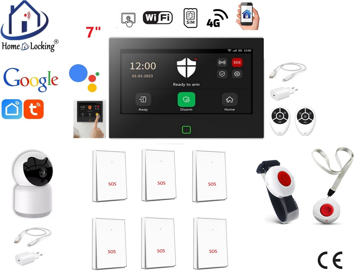 Draadloos / bedraad alarmsysteem met 7-inch touchscreen voor woning/camper/boot/caravan werkt met wifi en sim kaart en met spraakgestuurde apps. (Nederlands of Frans stem en tekst). ST01B-76