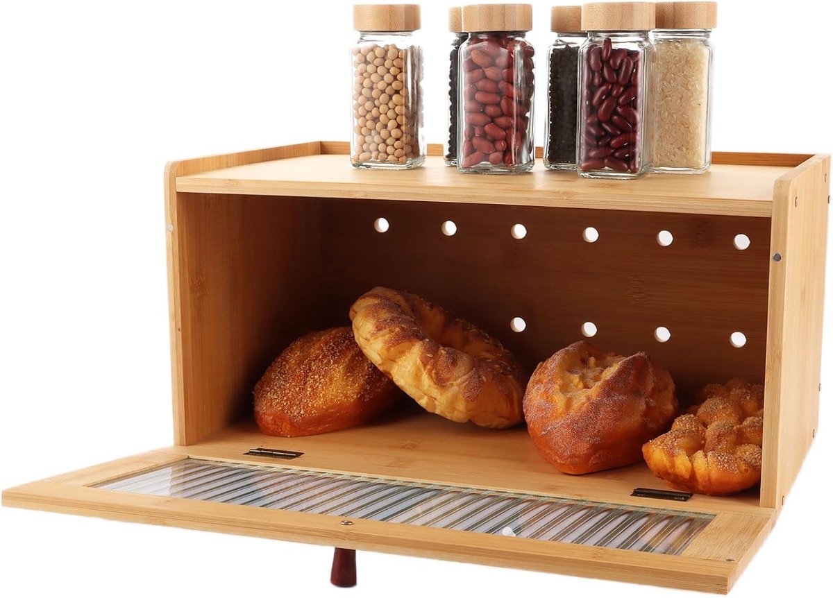 Houten bamboe broodtrommel - 40 x 24 x 20 cm - Stapelbaar - Vershoud brooddoos met deksel.