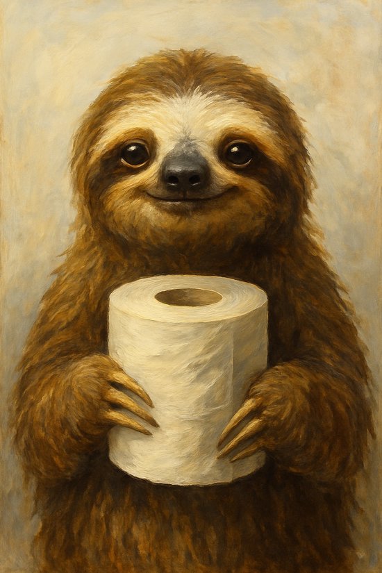 Poster encadré « Paresseux avec rouleau de papier toilette » – Format A3 (30 x 42 cm) – Cadre noir inclus – Imprimé animal amusant pour Toilettes ou salle de bain