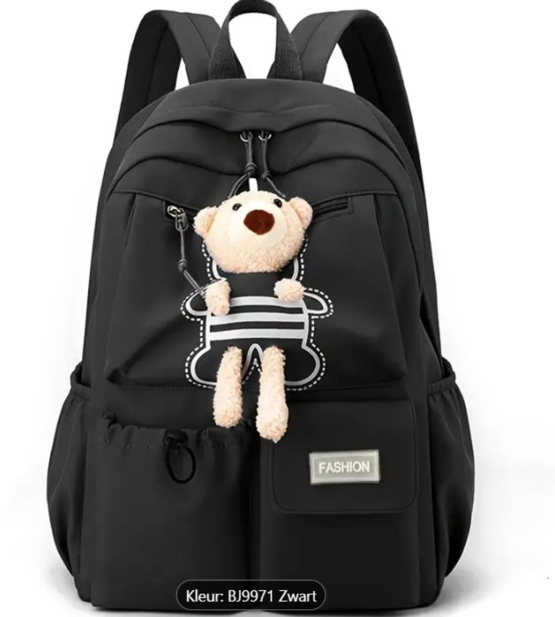 Wakiki - Altijd Handig! - Trendy Zwarte Rugzak, schooltas, rugzak meisje, rugtas met vaste knuffel