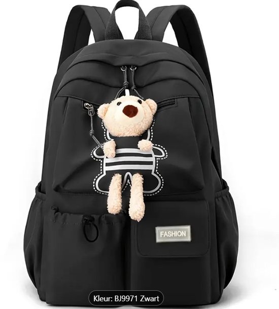 Wakiki - Altijd Handig! - Trendy Zwarte Rugzak, schooltas, rugzak meisje, rugtas met vaste knuffel