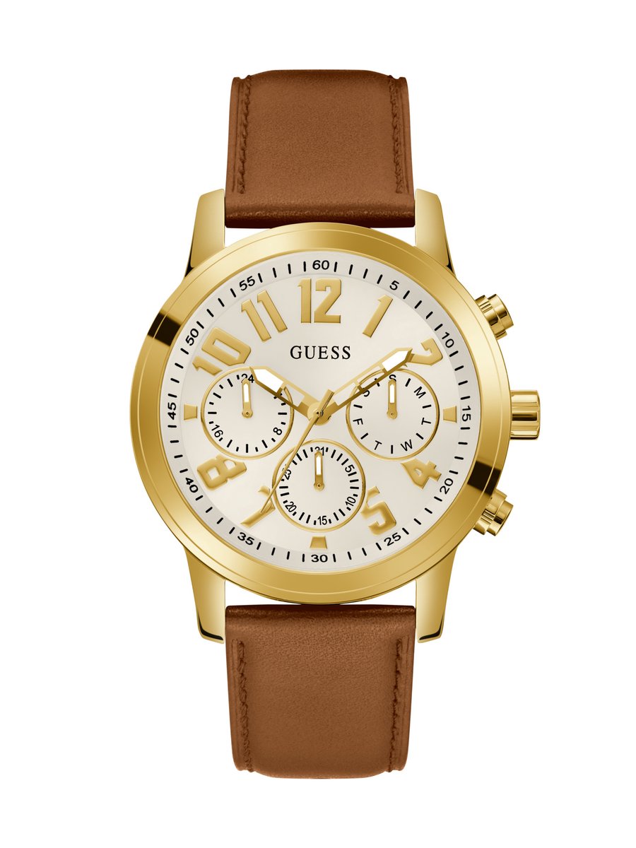 Guess Gd Parker Multifunctioneel Horloge Goudkleurig Kast: 100% Gerecycled Staal | Armband: 100% Echt Leer 44 GW0709G2
