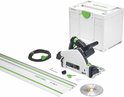 Scie circulaire Festool avec systainer, rail de guidage, lame de scie supplémentaire et accessoires.