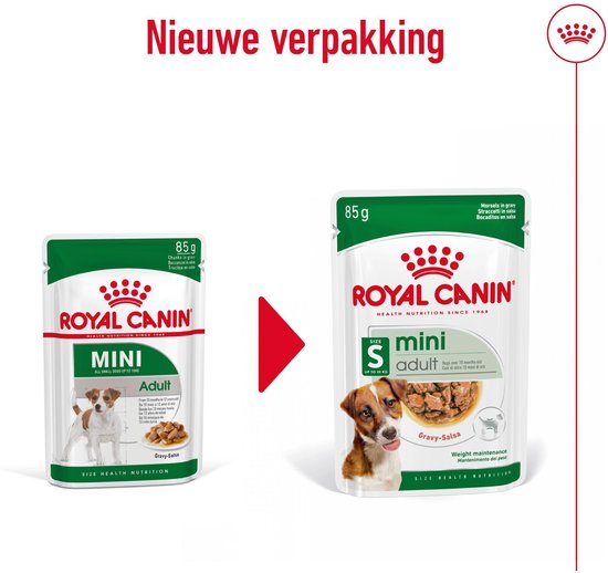 Vergelijking van oude en nieuwe verpakking Royal Canin Mini Adult natvoer. Bevat 85g.