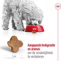 Een hond eet uit een rode voerbak, met een X-vormige brok ernaast.