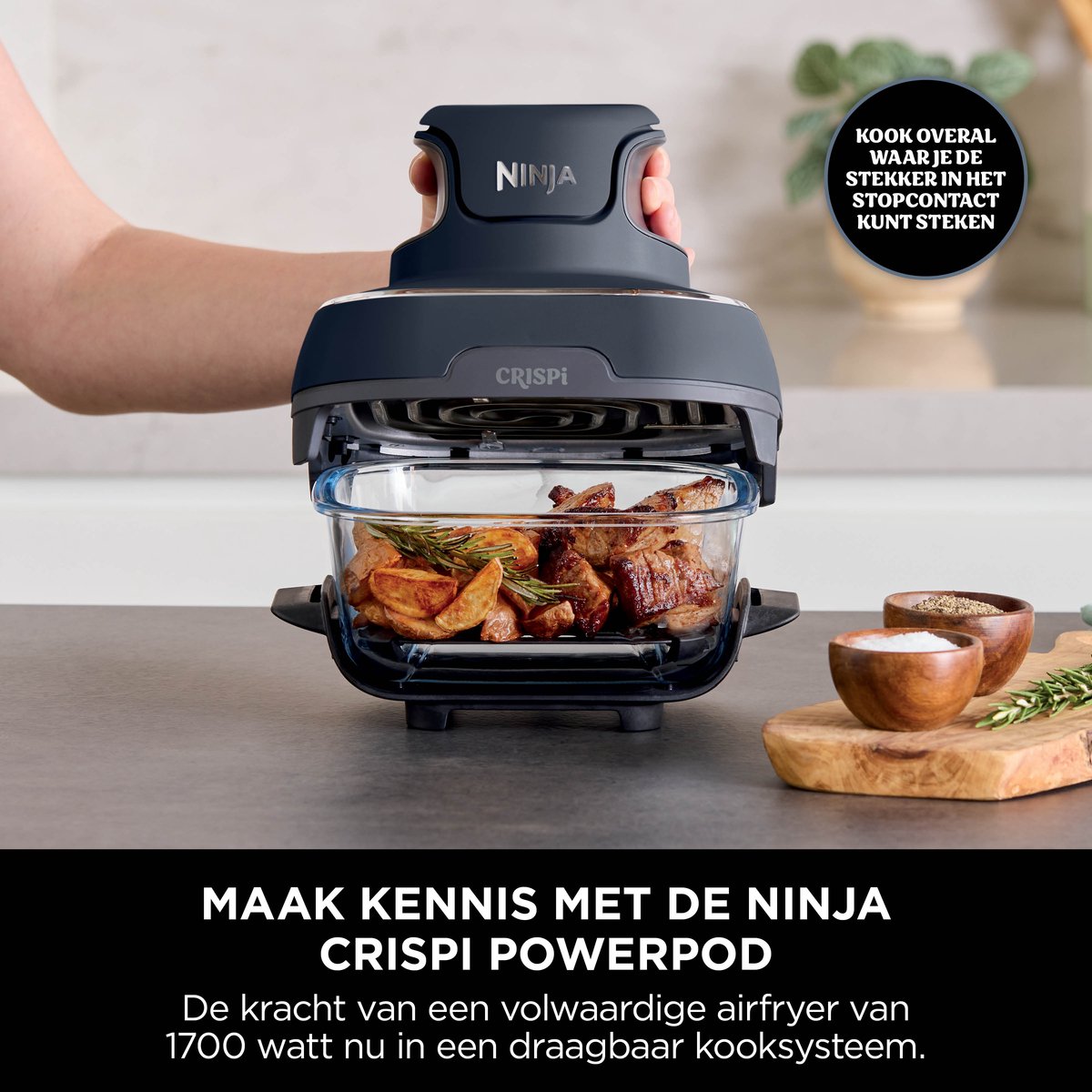 Ninja CRISPi 4-in-1 compact glazen kooksysteem - Airfryer, Roast, Recrisp, Keep Warm - Inclusief twee glazen schalen van 3.8L en 1.4L en bijpassende deksels - 2 Crisper-Plates - Blauw - FN101EUGY — afbeelding 7