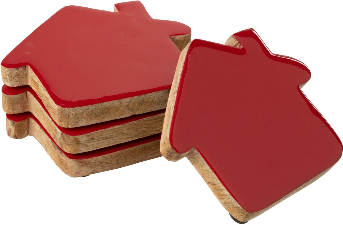 J-Line onderzetter Huis - hout - rood/naturel - set van 4