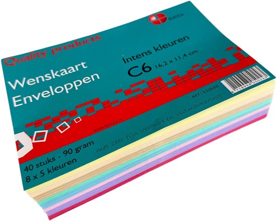 Luxe C6 Wenskaart-Enveloppen – 8 Kleurenmix, 90 g/m² - 40 Stuks