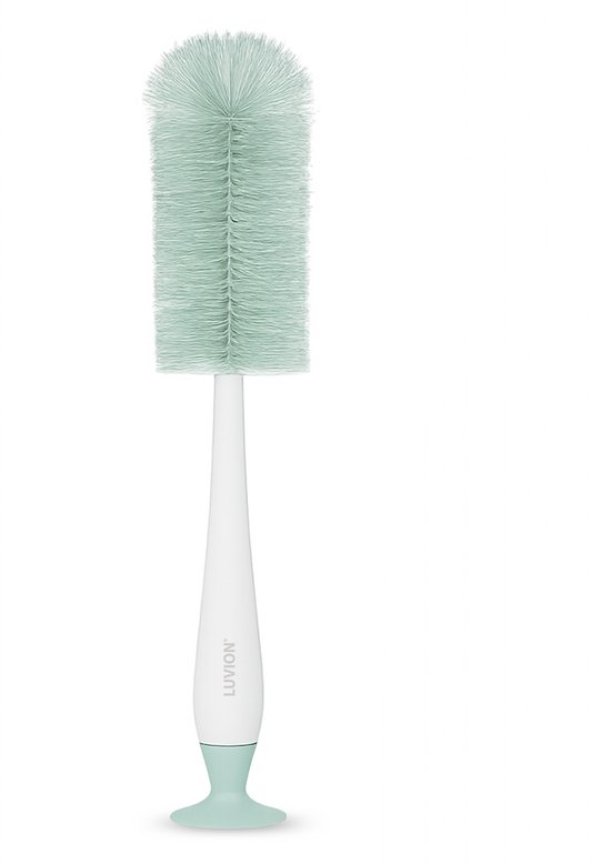 Mintgroene flessenborstel met witte steel en LUVION logo, staand op een witte achtergrond.
