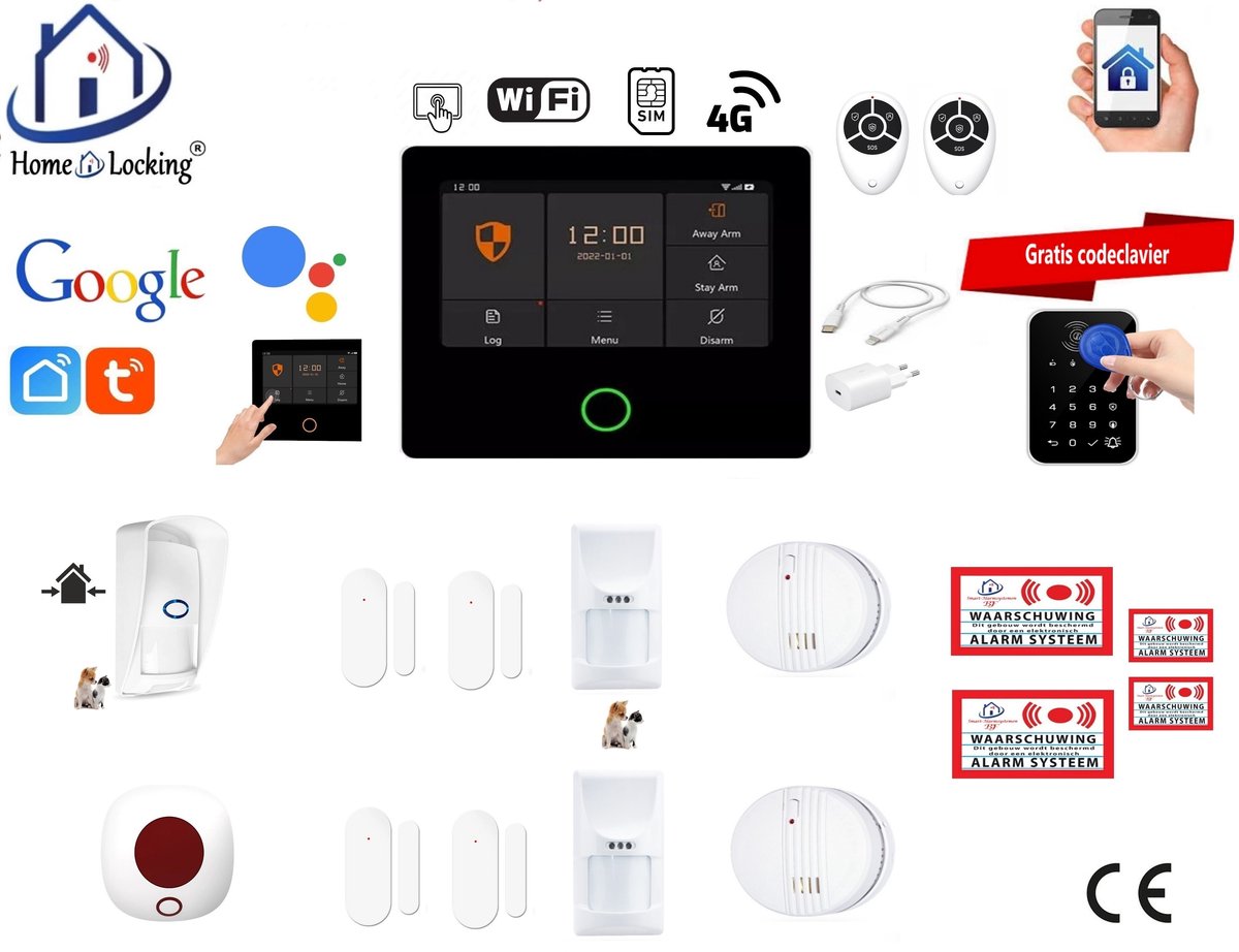 Draadloos alarmsysteem voor woning/camper/boot/caravan werkt met wifi en sim kaart en met spraak gestuurde apps. (Nederlands of Frans stem en tekst) ST01A-77