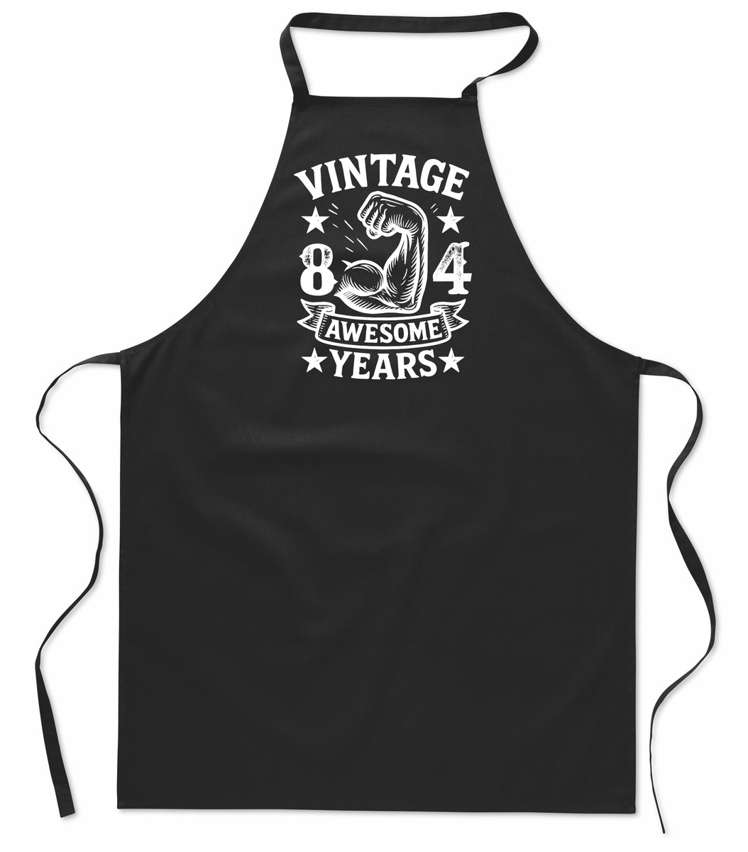 Vintage Awesome ** years - Keukenschort - kookschort - 100% katoen - BBQ - verjaardag en feest - cadeau - kado - unisex - zwart - leeftijd - 84