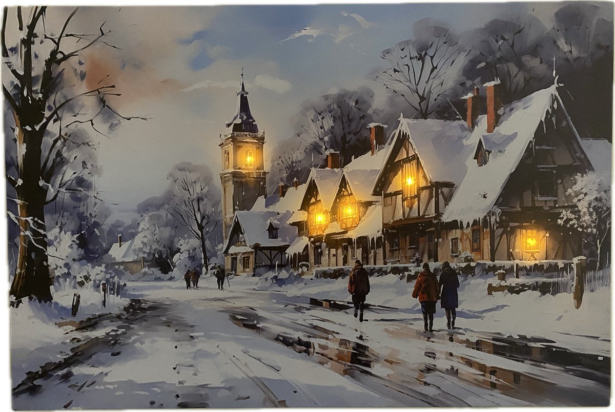 Schilderij groot met ledverlichting - Canvas op houten frame - Straatje met huizen en kerk - 5 x LED - 60 x 40 cm - Kersthuisjes en Kerstdorp met verlichting