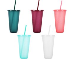 Herbruikbare Plastic Bekers - 5Pcs Drinkware - Gekleurde Acryl Bekers met Deksel en Rietjes - Iced Koffie Bekers - Reizen Tumbler 710ML