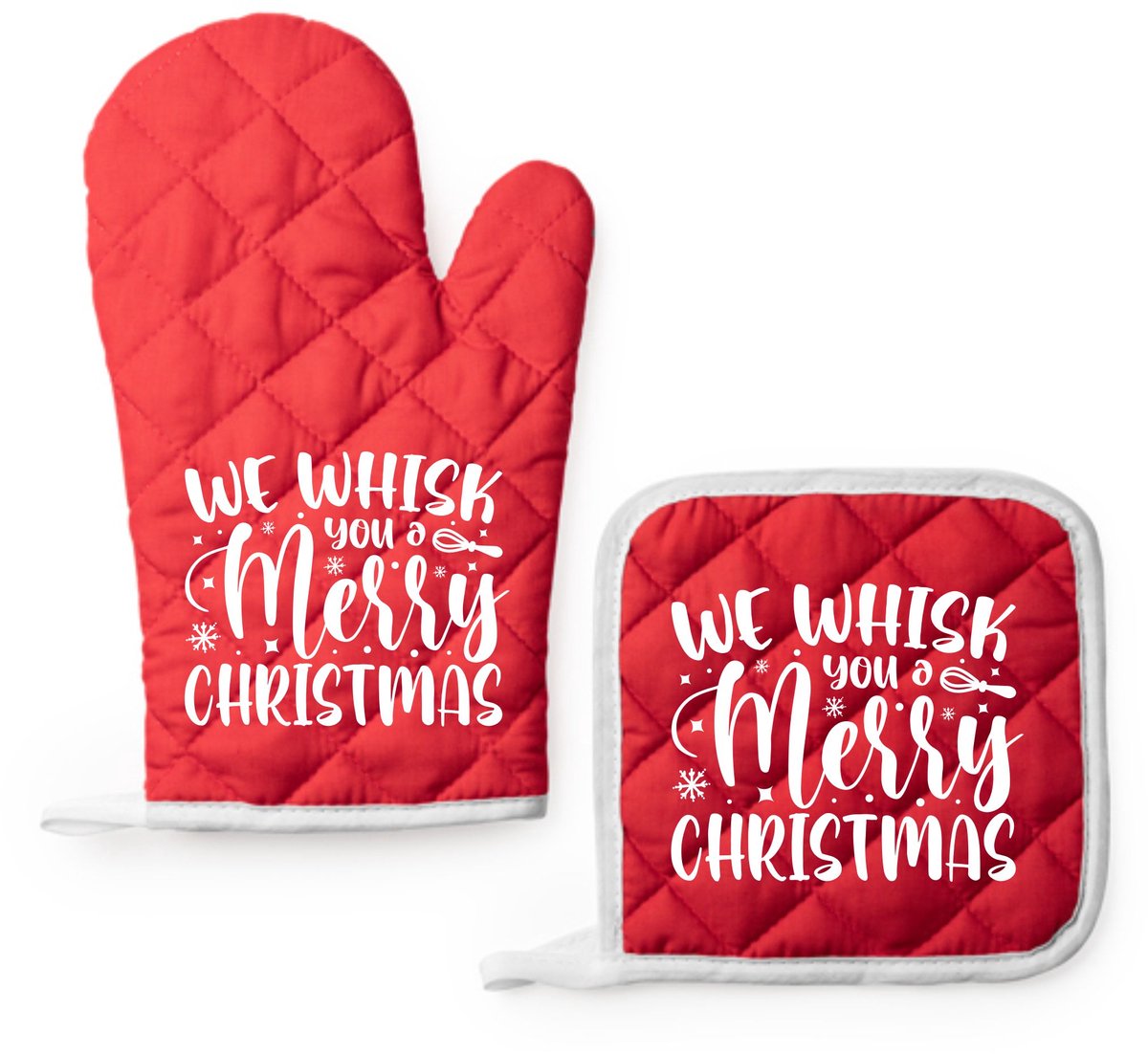 EIZOOK Kerst Kookset – Rode Ovenwant en Pannenlap met Speelse Tekst Print - WE WISK YOU A MERRY CHRISTMAS
