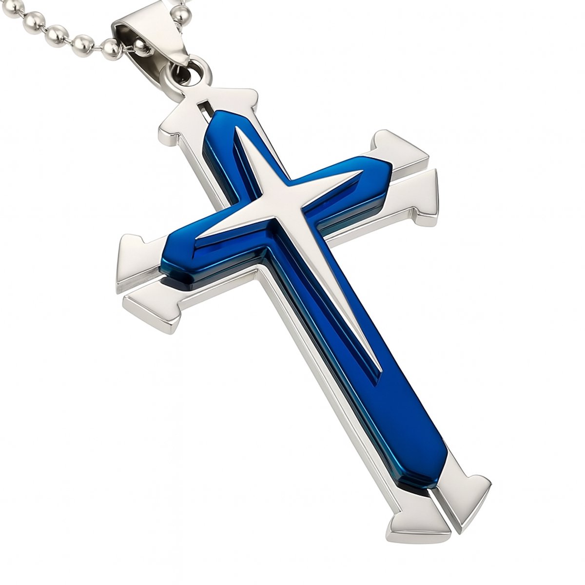 Blauwe Kruis ketting 60CM met Zilverkleurige Accenten – Stoer & Modern Design - voor heren en dames