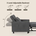 Donkergrijze slaapbank met 3 verstelbare rugleuningposities: 110°, 140° en 180°.