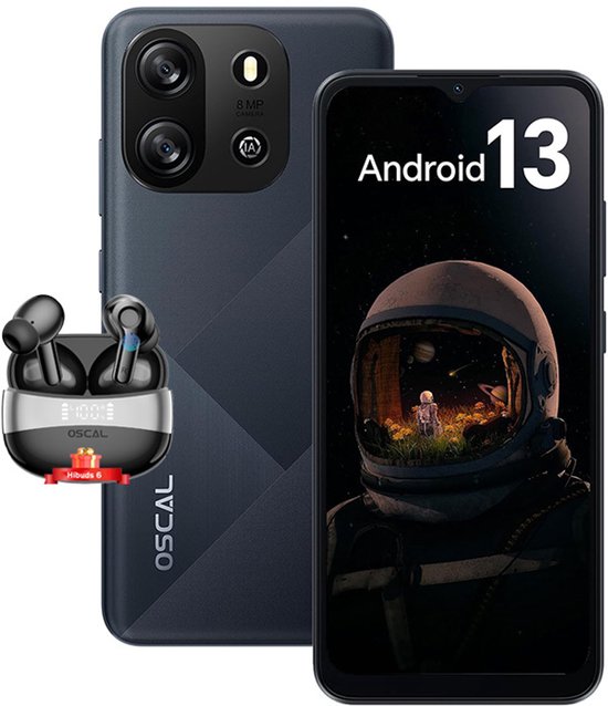 Oscal Flat 1C Smartphone - 4GB RAM 32GB ROM - Android 13 - 4700 mAh - Dual SIM 4G - GPS - Zwart met Bluetooth-headset Oscal Hibuds 6 Zwart