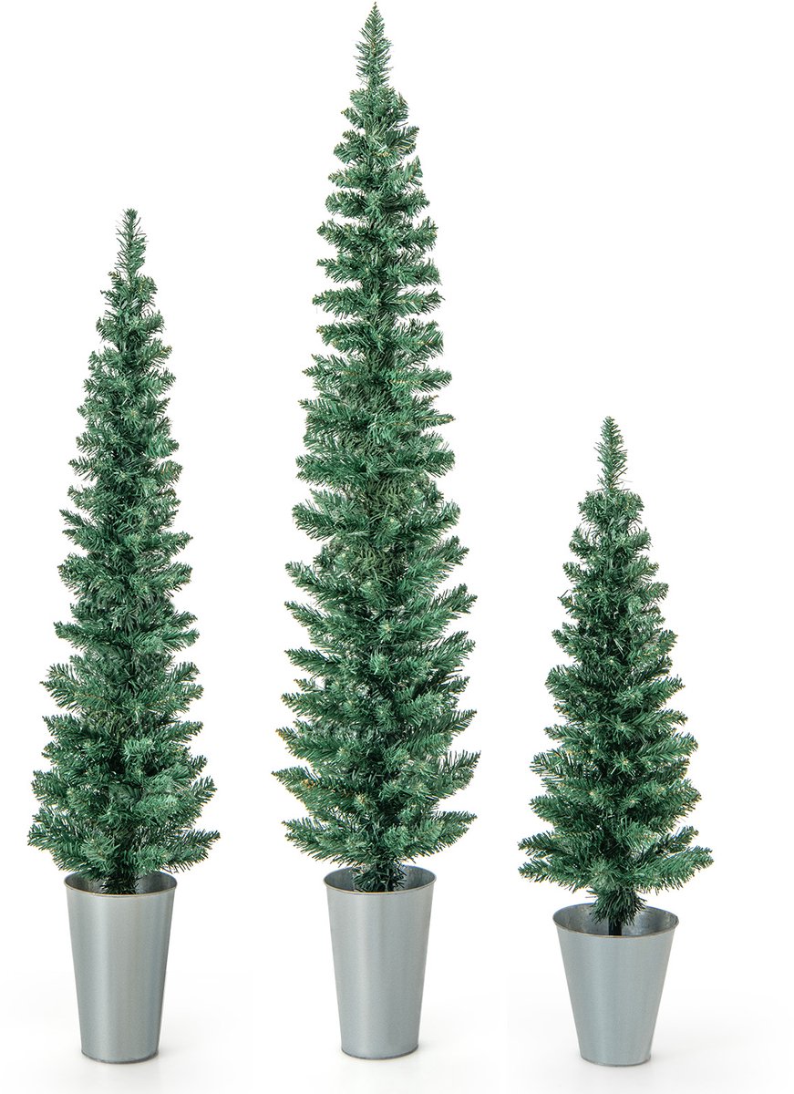 COSTWAY Kunstkerstboom, 3 stuks, 90 + 120 + 150 cm, dennenboom met sokkel van metaal, kunstboom, kerstboom, Kerstmis, voor thuis, kantoor, winkel, groen