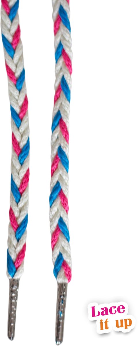 Schoenveters gevlochten - wit met blauw en roze - 120cm met zilveren nestels veters voor wandelschoenen, werkschoenen en meer