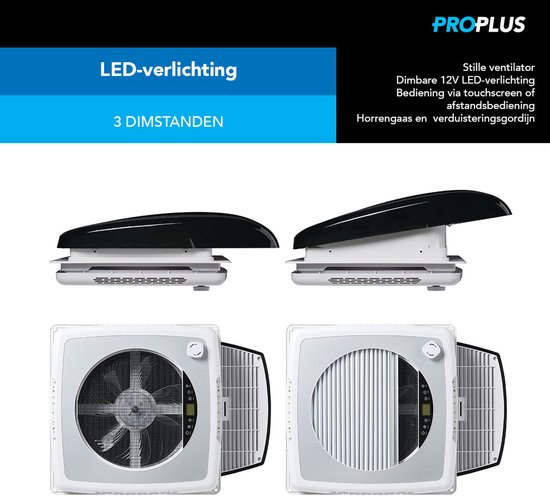 ProPlus Dakluik DeLuxe - 40 x 40 cm - 12 Volt - LED-verlichting - met Ventilator - Insectenhor - Dakraam Caravan - Zwart van ProPlus — afbeelding 4