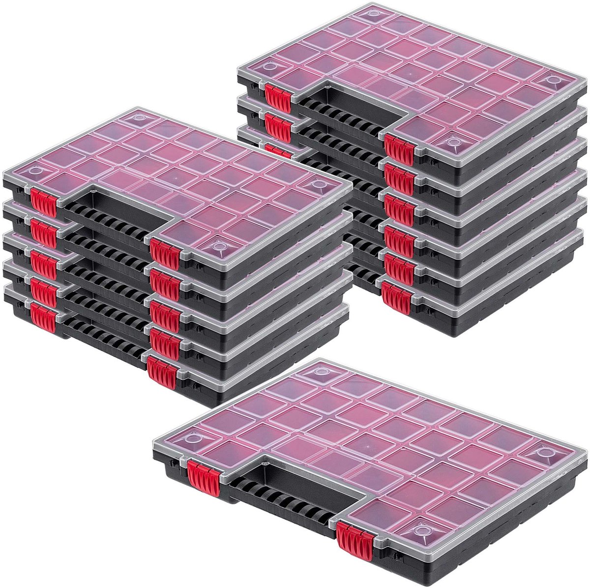 KADAX K6548 Organizer gereedschapskist van kunststof magazijn voor kleine onderdelen met transparant deksel magazijn voor kleine onderdelen in verschillende maten assortimentsdoos (40x30cm / 12 stuks)