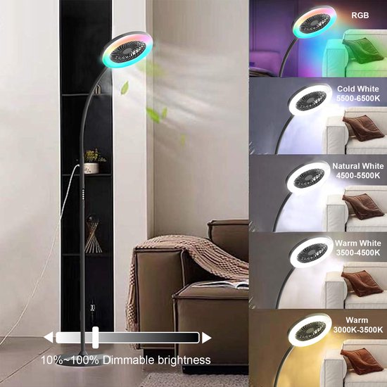 Rosnek Staande Lampen met Ventilator - 183cm Stille 2-in-1 Staande Ventilatorlamp - 1500 Lumen LED - 3 Snelheden, 12W RGB + Afstandsbediening - 360° Zwanenhalsrotatie Staande Lampen - Ideaal voor Slaapkamer/Kantoor(Zwart) van Rosnek — afbeelding 2