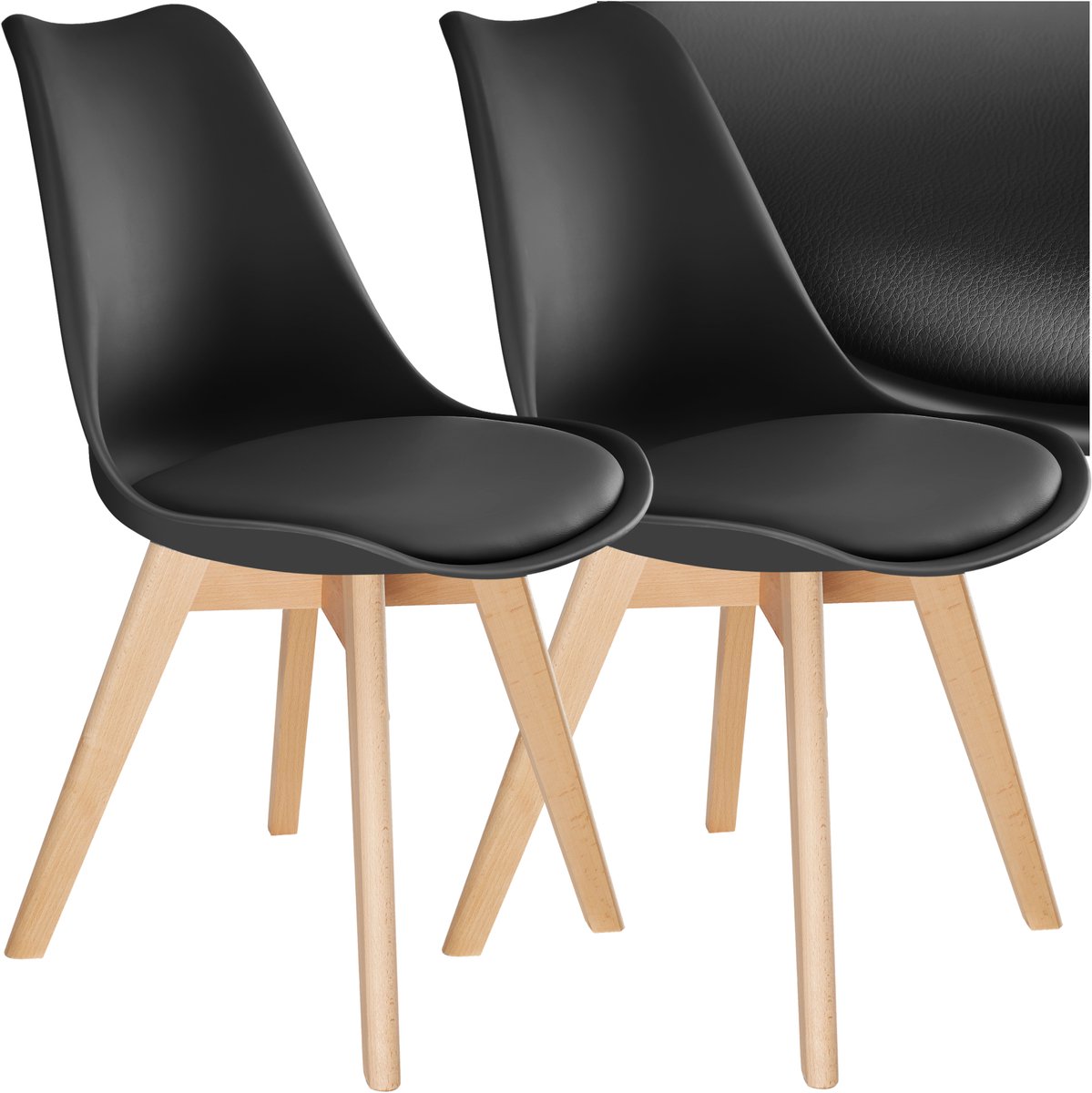 Tectake Eetkamerstoel Frederikke - Set van 2 Eetkamerstoelen met Gevoerde Stoffen Zitting - Massief Houten Poten - Ergonomische Stoelen geschikt voor Woonkamer, Eetkamer, Slaapkamer en Keuken - Draagkracht 120kg - Zwart