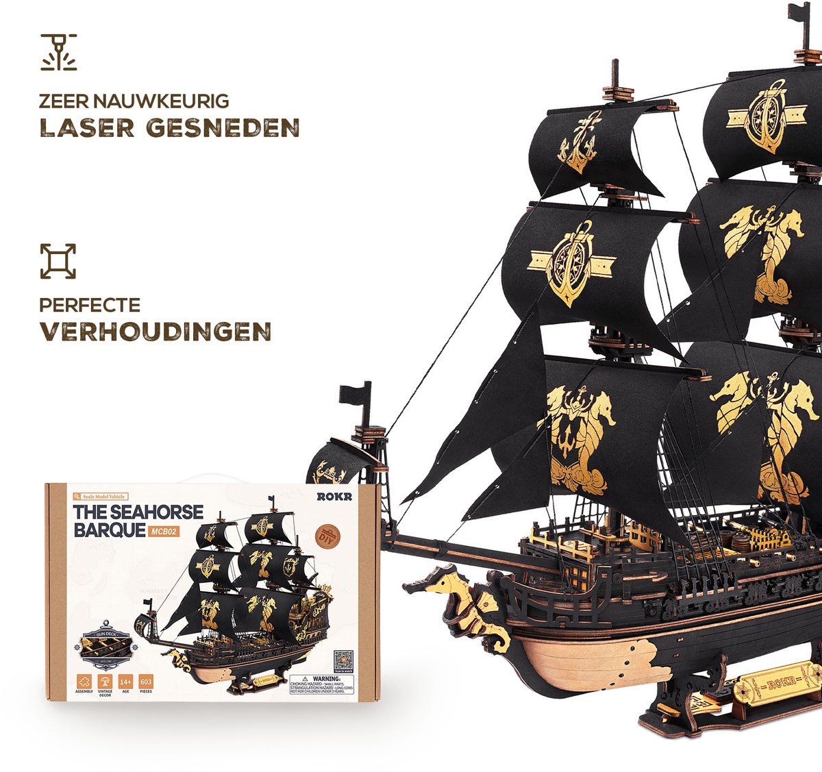 Robotime The Seahorse Barque - ROKR Scale Model Vehicles Series - MCB02 - Piratenboot - Schip - Bouwpakket - Modelbouw — afbeelding 7