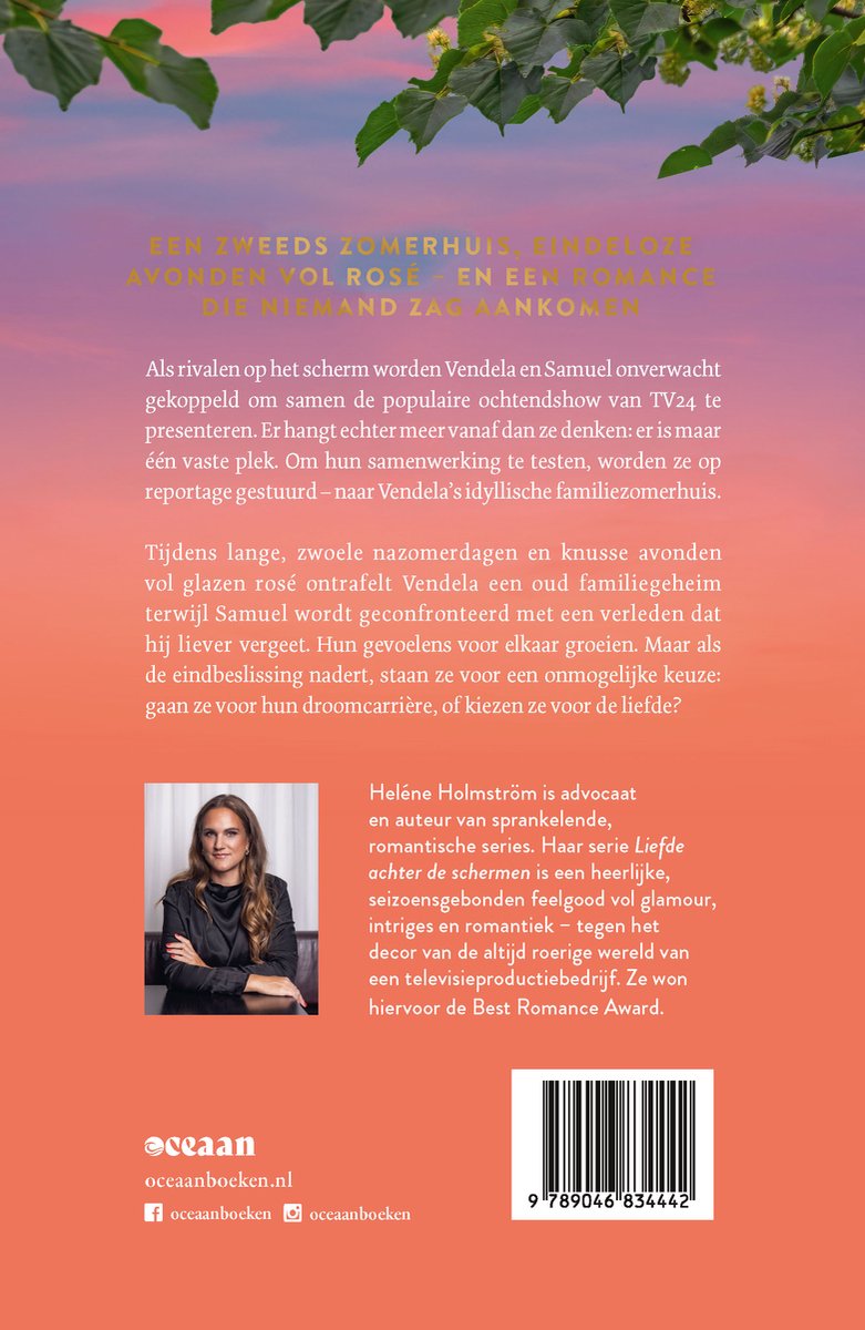 Achterkant van het boek met tekst. Een vrouw staat op de foto, links van haar staat een rode huis.