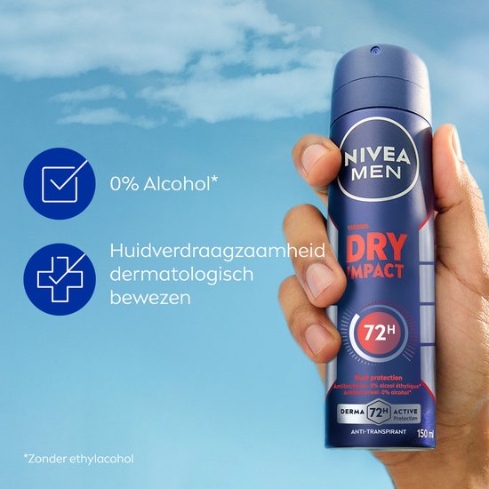NIVEA MEN Dry Impact Anti-Transpirant Spray - 72 uur bescherming - Met mineralen en DryPlus - Alcoholvrij en antibacterieel - 6 x 150 ml - Voordeelverpakking