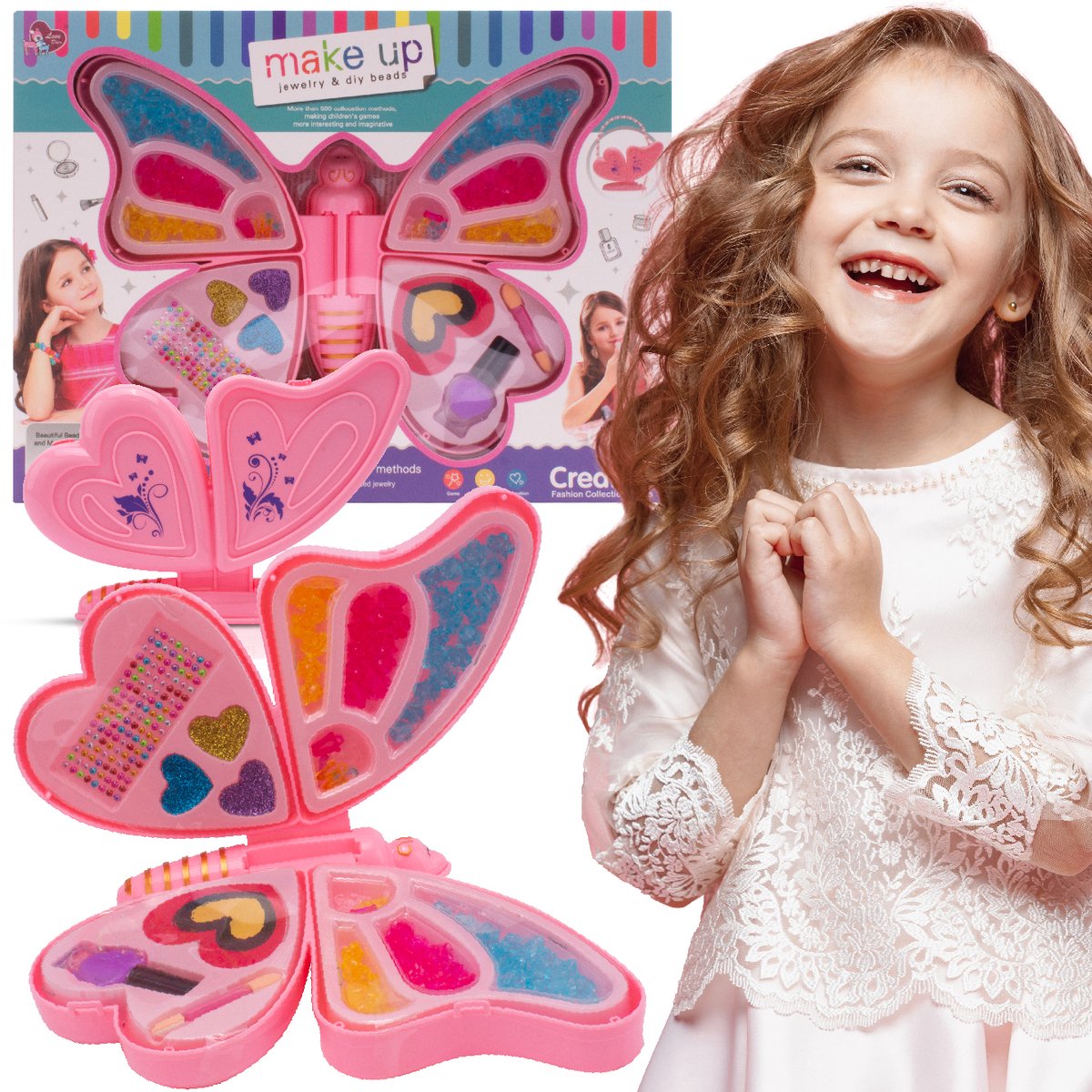 Sun Baby Creatieve Sieradenset voor Kinderen 3+, kralen, stickers, 2 strings, 3 oogschaduw, applicator, nagellak, hartvormige nagelvijl, vlinder verandert in stijlvolle handtas met handvat