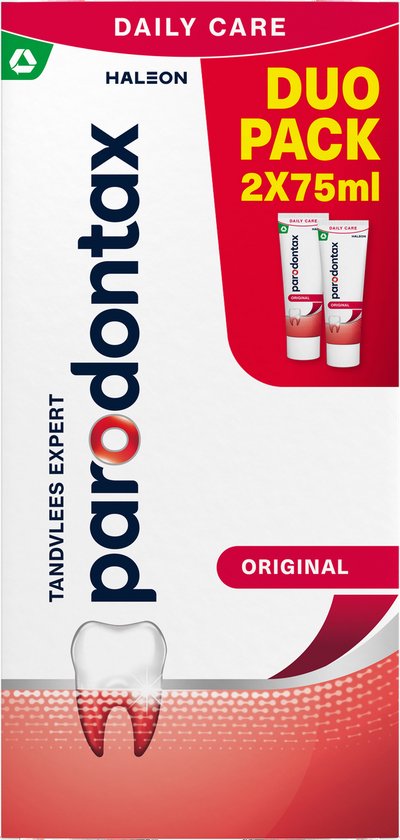 Parodontax Original tandpasta Duo Pack 2x75ml. Witte verpakking met rode details. Tandafbeelding onderaan.