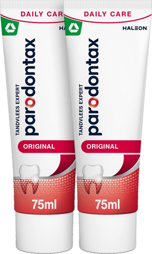 Twee tubes Parodontax Original tandpasta van 75ml. Witte tubes met rode accenten en tandafbeelding.