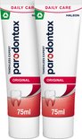 Twee tubes Parodontax Original tandpasta van 75ml. Witte tubes met rode accenten en tandafbeelding.