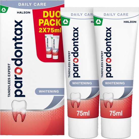 Doos Parodontax Tandvlees Expert Whitening 2x 75ml duo pack met twee tubes tandpasta, met rode en witte accenten.