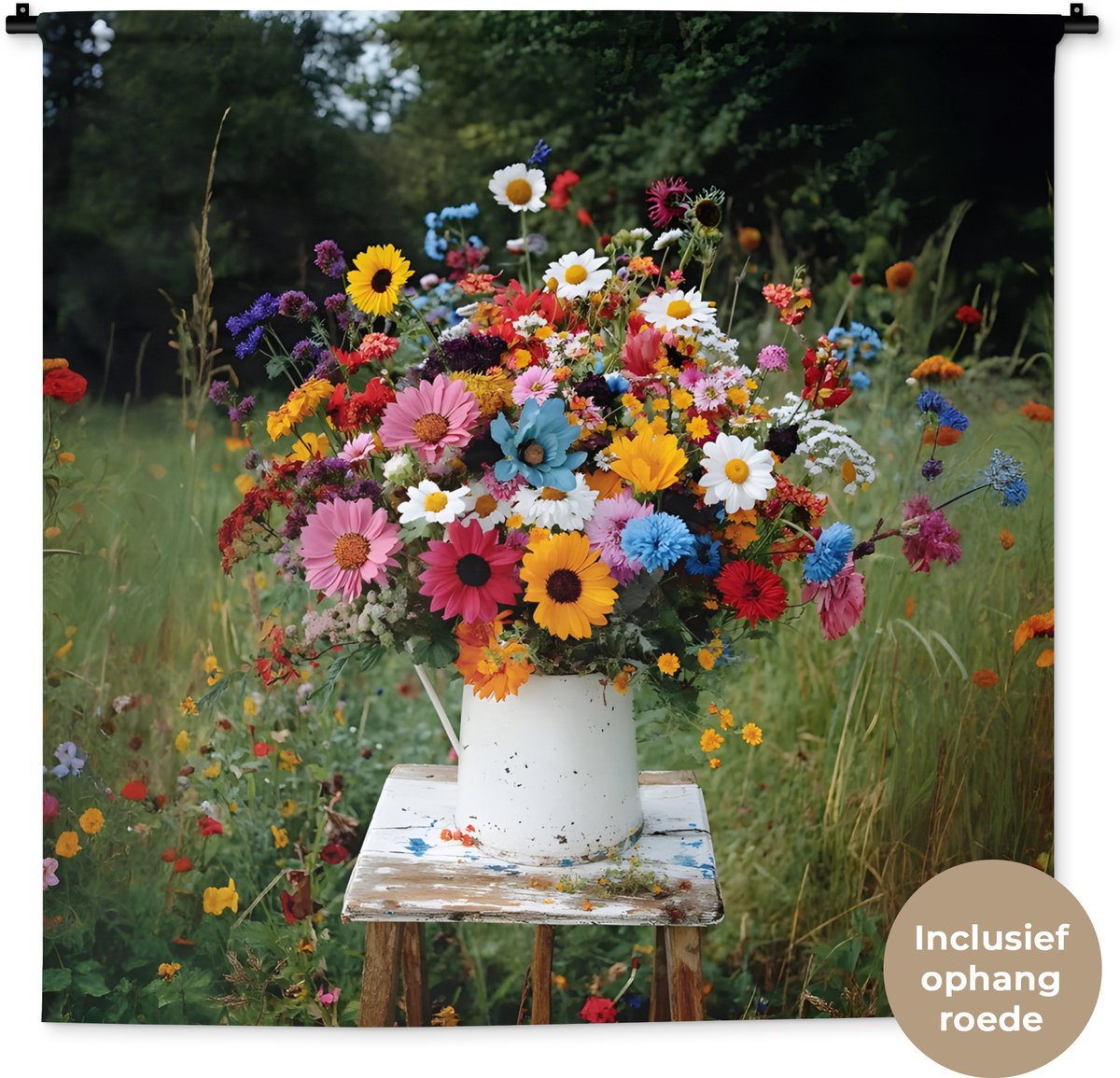 Wandkleed 120x120 cm - Wanddoek Bloemen - Krukje - Gieter - Veld - Wandtapijt - Wandkleden