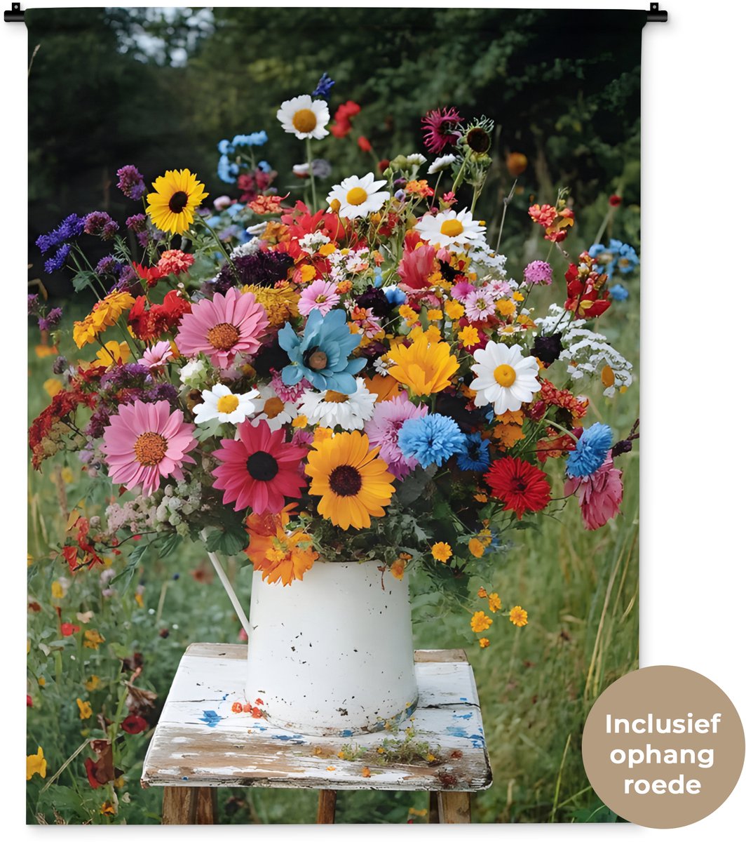 Wandkleed 120x160 cm - Wanddoek Bloemen - Krukje - Gieter - Veld - Wandtapijt - Wandkleden