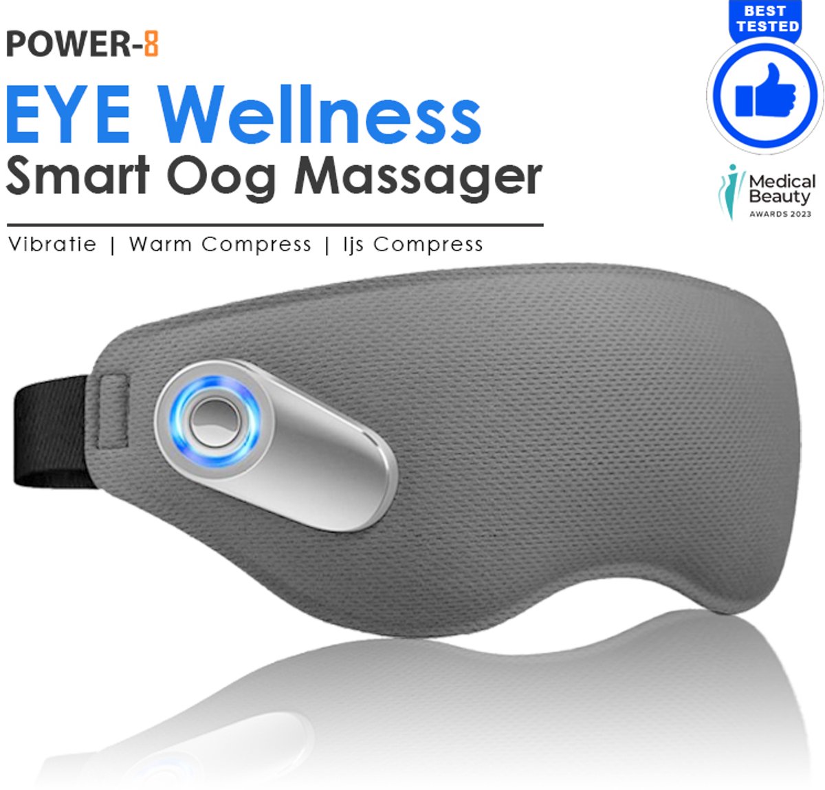 Power-8 Eye Wellness grijs- Smart OogMassage apparaat met micro Vibwave, warm en koud compres - massage - massage apparaat - oogmasker - slaapmasker vrouwen - Slaapmasker man - Anti stress - alternatief massage gun - kerstcadeau - Cadeautips