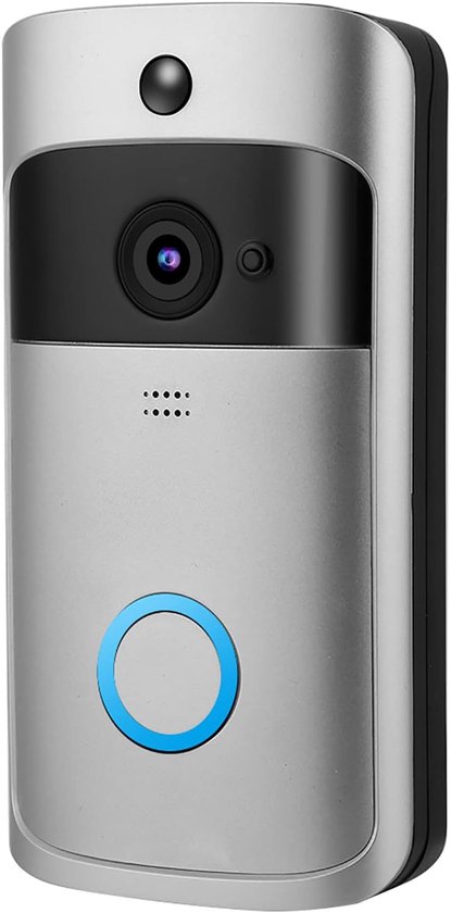 Zilverkleurige deurbel met camera, met een blauwe cirkelknop.